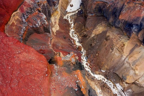Aerial top view on colorful Dangerous Canyon (Opasniy Canyon) near the Mutnovsky volcano on the
