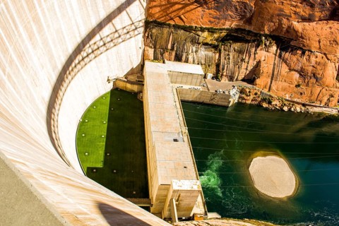 Lake Powell, Page, Arizona November 2013: High angle view of the arch-gravity Glen Canyon dam used