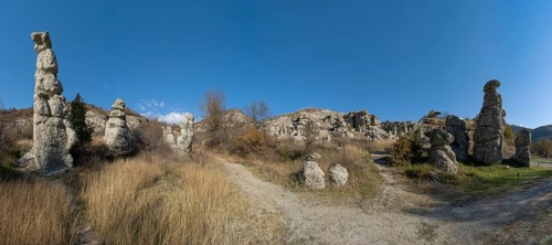 Panorama view of the Stone Dolls rock formations near Kratovo in North Macedonia