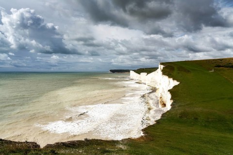 A view of the white cliffs of the Seven Sisters in East Sussex on the English Channel