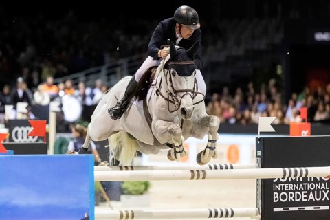 Matthew Sampson of Great Britain competes in the equestrian Audi Grand Prix at Jumping