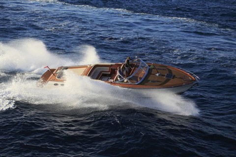 Aerial view sports boat J Craft 42 Torpedo R at full speed on the Cote d'Azur, luxury motorboat