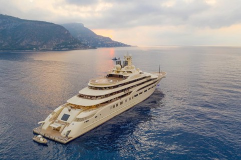 Aerial view of 156-metre superyacht DILBAR, delivered in 2016 by the Lürssen Yachts shipyard to