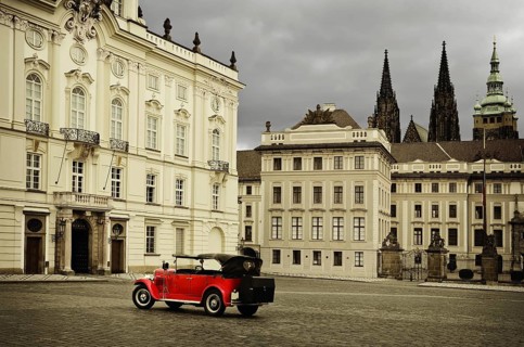 Retro Car On The Hradcany Square (Hradcanske namesti). Prague. Czech Republic