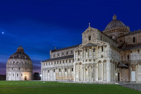 Baptistry and dome of Pisa after sunset, Tuscany, Italy, Europe
