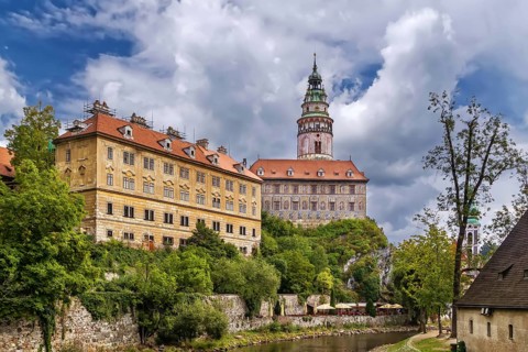 View of Cesky Krumlov castle from Vltava river, Czech republic