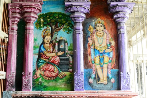 Ekambareshvara Temple, Kanchipuram, Tamil Nadu, Colourful traditional mural of goddess and god in