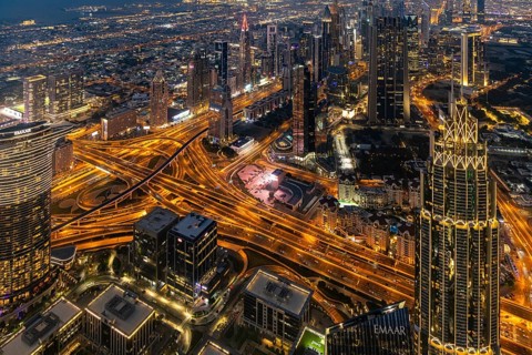 Sunset on the Burj Khalifa, Dubai, United Arab Emirates, Asia