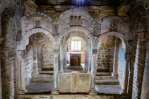Pola de Lena, Spain, March 30, 2019: Interior view of presbytery of St Christine of Lena church.