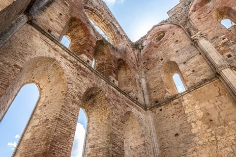 Spectacular ruins of a once-glorious cathedral in Italy. Beautiful view of The Abbey of Saint