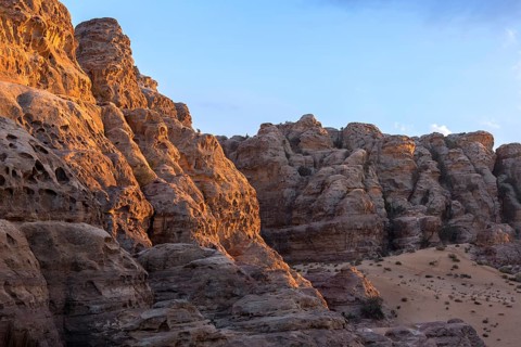 Landscape with sandstone rocks in little petra archaeological site, Jordan, Asia