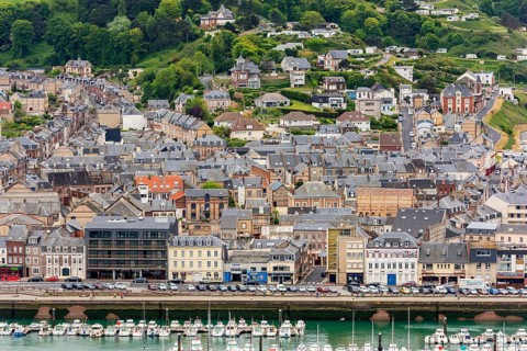 FRANCE, FECAMP - MAY 29: View from above to the town and and the bay in Fecamp, Normandy, France on