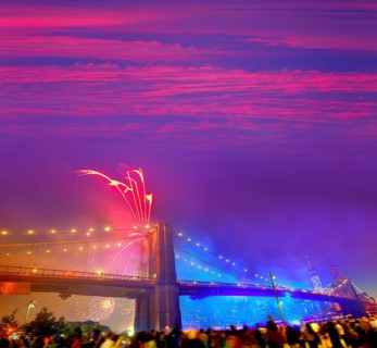 July 4th 2014 fireworks at Brooklyn bridge Manhattan skyline New York USA