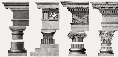 Several ancient capitals, Tuscan, Doric, Ionic and Corinthian order