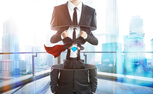 Businessman in suit transform to super hero from layer to layer, hard work and successful