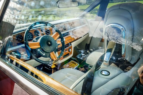 Lisbon, Portugal, Jan 20, 2024: Interior of luxury Rolls-Royce Phantom Drophead Coupe car through