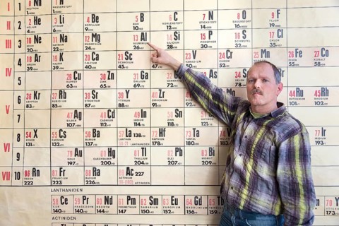 Chemistry teacher pointing at periodic table on wall chart