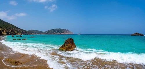 Ibiza beach of Aigua blanca in Santa Eulalia at Balearic islands also Aigues Blanques