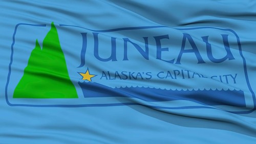 Closeup of Juneau City Flag, Waving in the Wind, Alaska State, United States of America