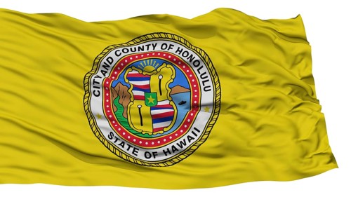 Isolated Honolulu Flag, Capital of Hawaii State, Waving on White Background, High Resolution