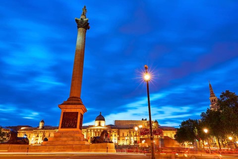 London Trafalgar Square sunset Nelson column in England
