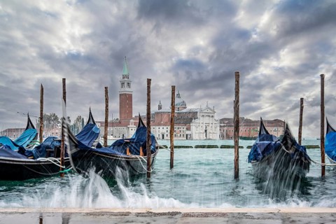 Moored Gondolas during High Tide at the St Marks Square, Venice, Italy, Europe