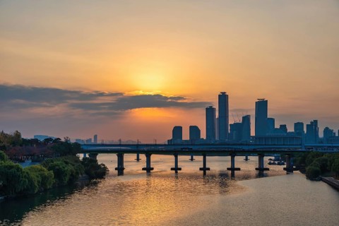 Seoul South Korea, sunrise city skyline of skyscraper at Yeouido and Han River