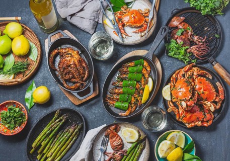 Food, Food, Set table with seafood dishes, cooked crabs, tiger shrimps, grilled octopus and squids