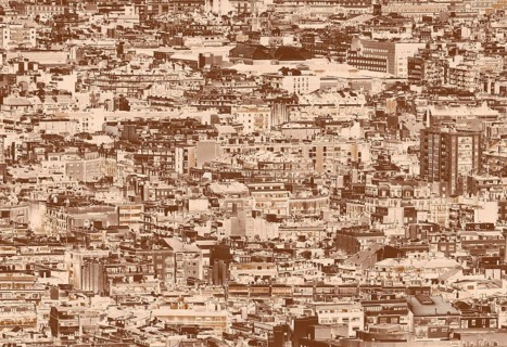 A sepia duotone crowded urban cityscape background with hundreds of densely packed buildings