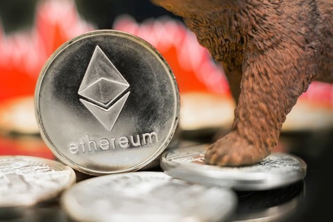 Ethereum with a red chart drop. Price crash and bear market trend concept
