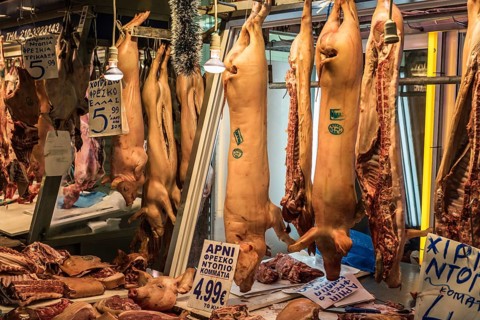 Athens Old Town, Attica, Greece, 12 28 2019, Pork meat at a butchers hause in the Athens Central