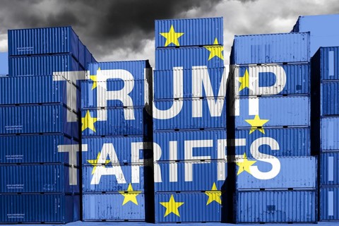 Stacked containers with EU flag and inscription Trump Tariffs, symbolic photo customs dispute and