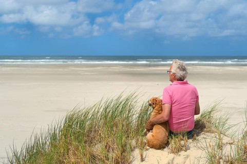Man sitting with the dog at the beach