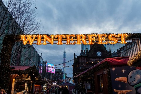 Glasgow, UK, December 6, 2023: Winterfest Christmas Market in the downtown of Glasgow