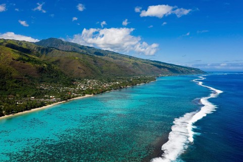 Aerial view of the west coast of Tahiti, Tahiti, French Polynesia, Oceania