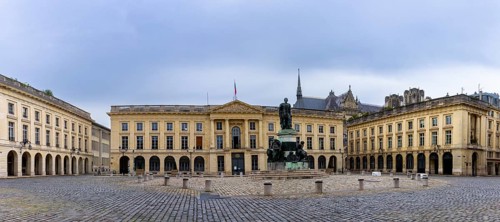 Reims, France- 13 September, 2022: panorama view of the Place Royal Square in downtown Reims with