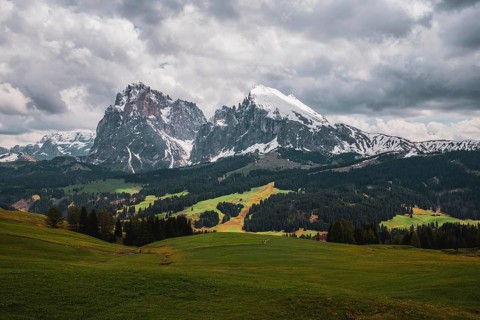 Panoramic view of the Langkofel Group from Seiser Alm in the Dolomites in South Tyrol, Italy,