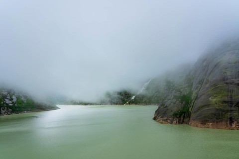 Panoramic view of the Grimsel reservoir in Switzerland