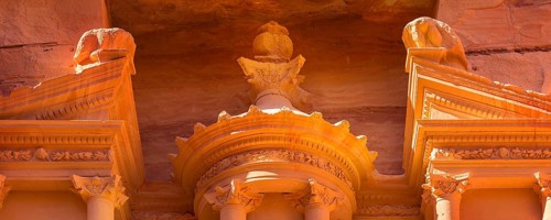 Petra, Jordan details close-up banner view of the Treasury, Al Khazneh, new Seven Wonders of the