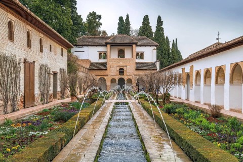 Patio de la Acequia (Court of the Water Channel) in Generalife gardens, Granada, Spain, Europe