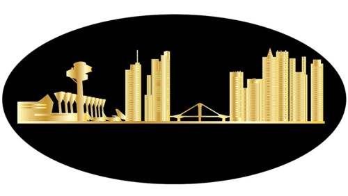 Frankfurt germany city skyline with airport and planes and the bridge and architecture in gold with
