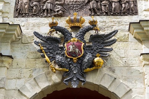 Saint Petersburg, Russia, June 12, 2019: Small State Coat of Arms of the Russian Empire on the wall