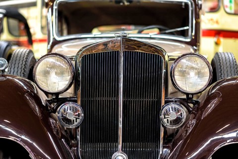 Details of a classic car in a museum