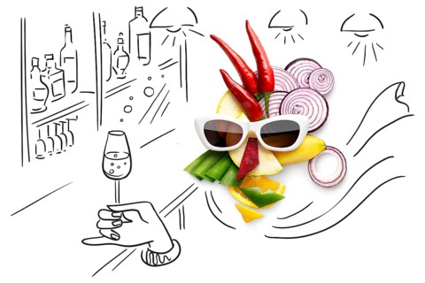 Quirky food concept of cubist style female face with sunglasses in a bar of fruit and vegetables,
