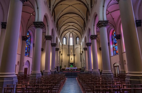 Ixelles, Brussels Capital Region, Belgium, 10 16 2019 Purple interior design of the gothic