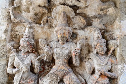 Vishnu Varadaraja Temple, Kanchipuram, Tamil Nadu, Detailed wall relief of three divine figures in