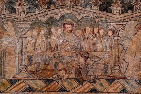 Last supper of Christ, gothic paintings, Church of San Martín de Tours, Gazeo, Álava, Spain, Europe