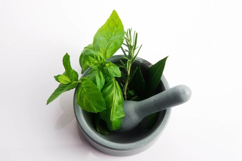 Mortar with herbs isolated on a white background