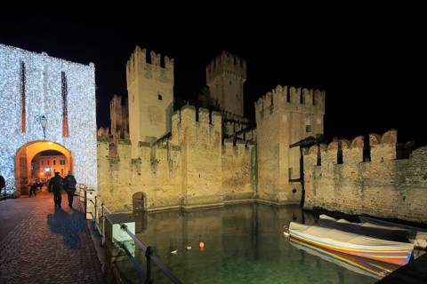 Scaligero Castle, Castello Scaligero by night, Sirmione, Lombardy Region, Province of Brescia, Lake