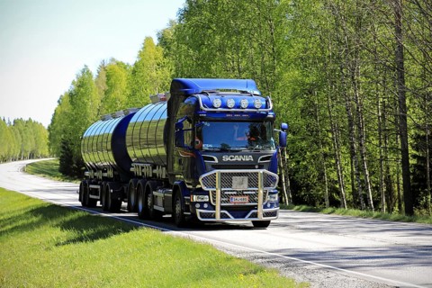 TENHOLA, FINLAND, JUNE 4, 2017: Dark blue Scania R580 tank truck with bull bar of Tomppa Tuomisto